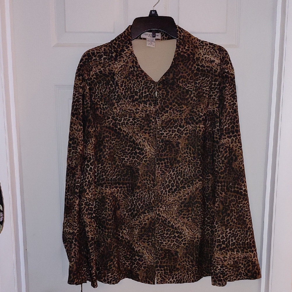 EUC Notations Zip Front Jacket, 2X, Cheetah Leopard Print, Zipper Cuffs, Fun!